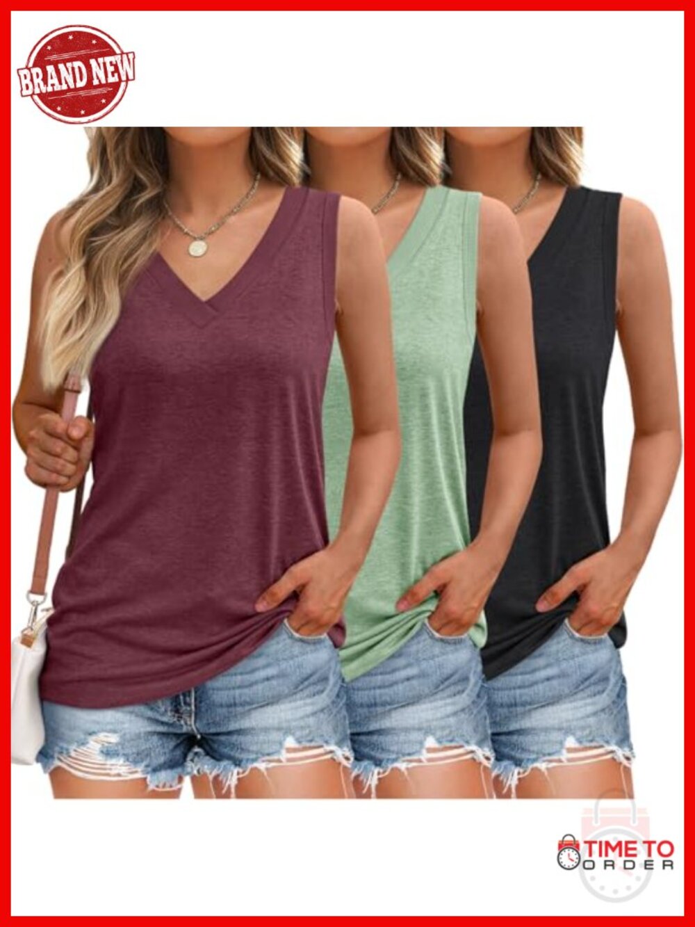3 Pack V Neck Sleeveless Tank Tops Summer Loose Fit Flowy Blouses
